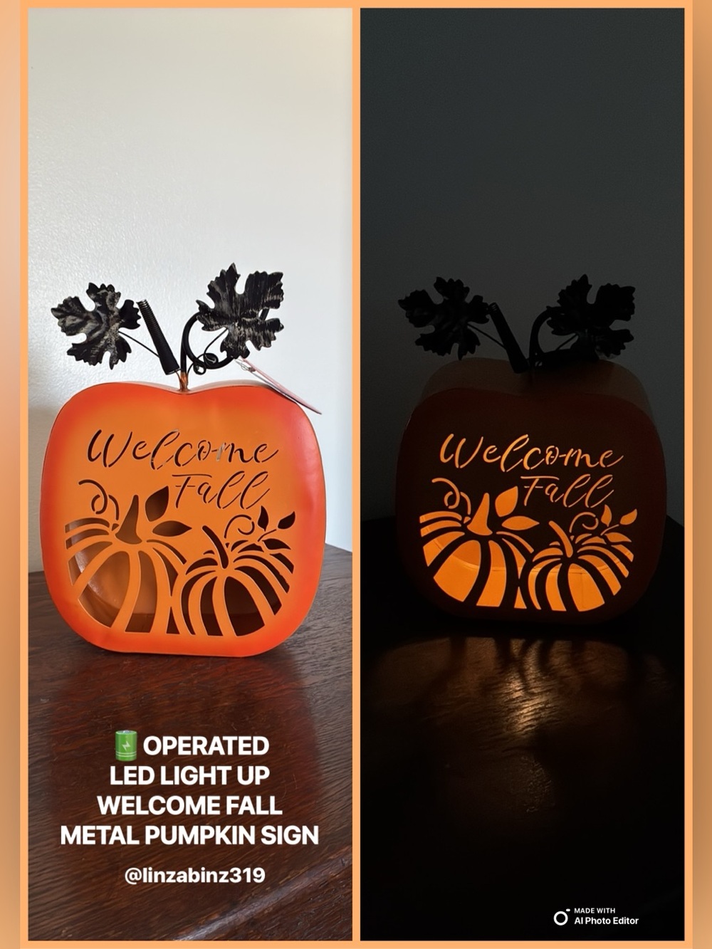 NWT- LED Light Up- Welcome Fall Orange Metal Pumpkin Decoration w/ Metal Leaves